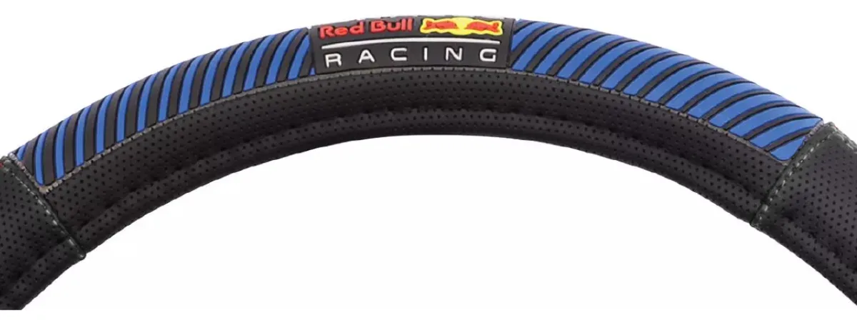 CUBRE VOLANTE ORACLE RED BULL RACING NEGRO CON APLIQUE GOMA LINEAS Y COSTURA AZUL - 38CM - Imagen 2