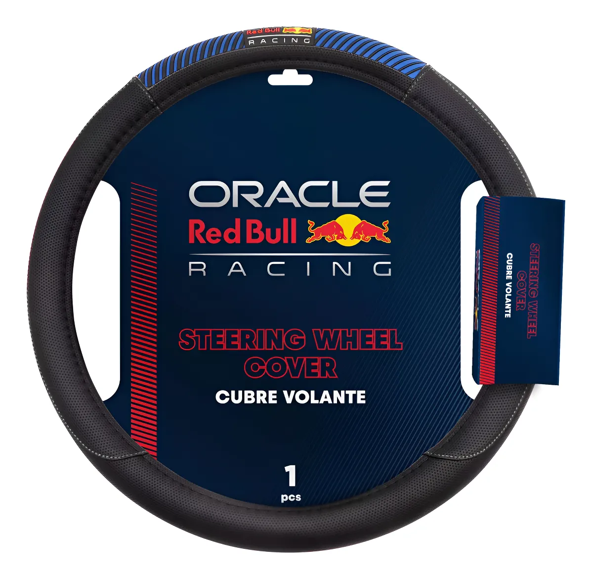 CUBRE VOLANTE ORACLE RED BULL RACING NEGRO CON APLIQUE GOMA LINEAS Y COSTURA AZUL - 38CM